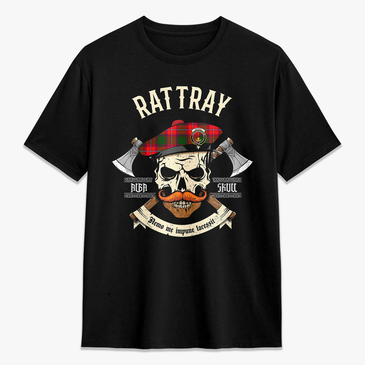 Rattray Modern Tartan Crest 2D T-shirt - Alba Skull Style