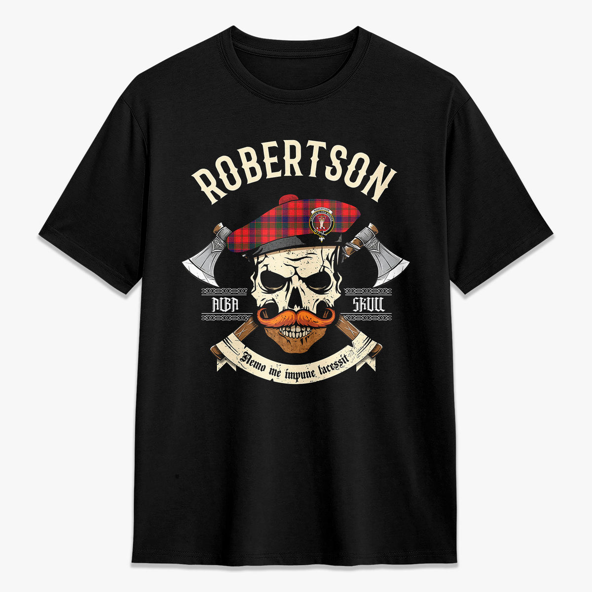 Robertson Modern Tartan Crest 2D T-shirt - Alba Skull Style