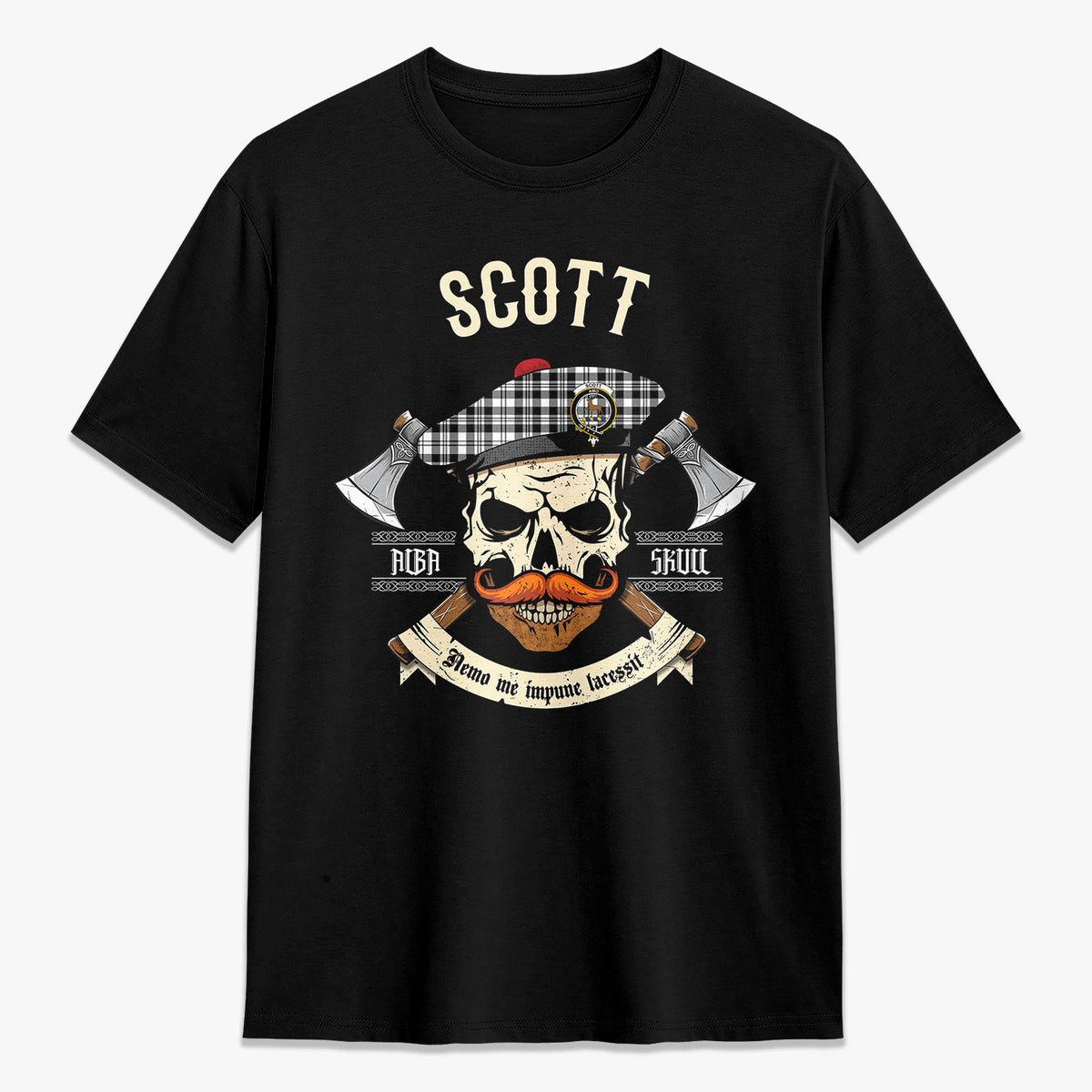 Scott Black & White Modern Tartan Crest 2D T-shirt - Alba Skull Style