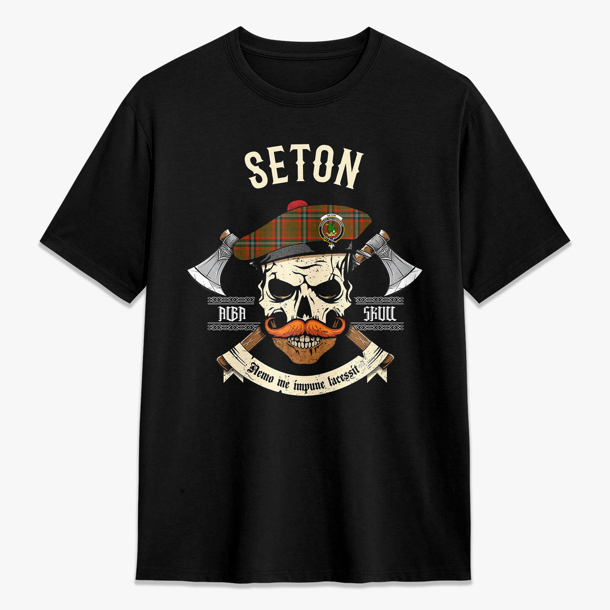 Seton Hunting Modern Tartan Crest 2D T-shirt - Alba Skull Style