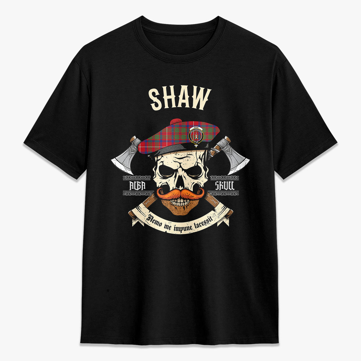 Shaw Red Modern Tartan Crest 2D T-shirt - Alba Skull Style