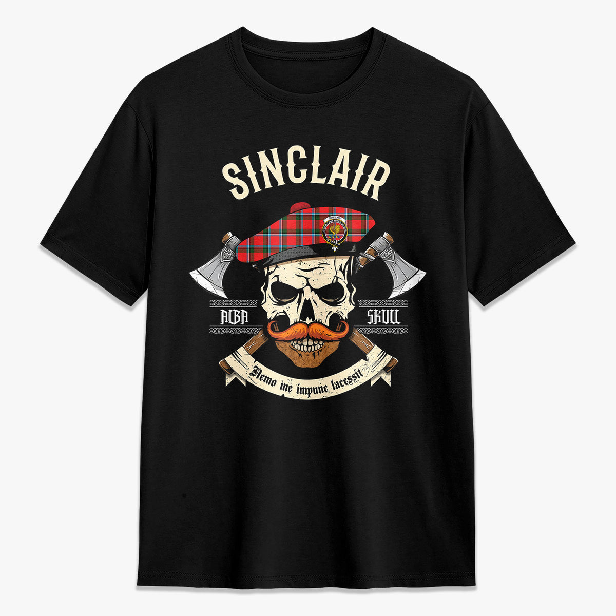 Sinclair Modern Tartan Crest 2D T-shirt - Alba Skull Style