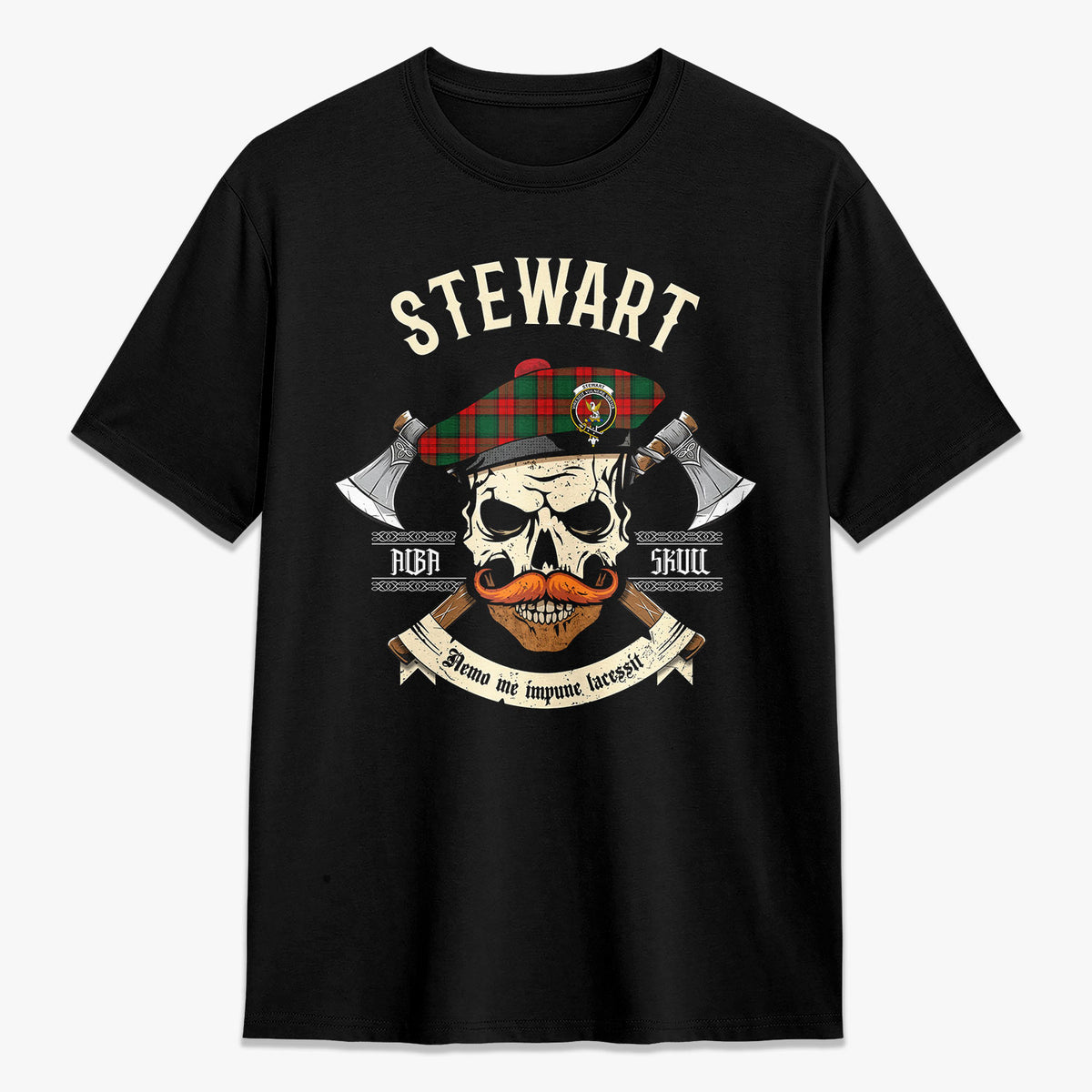 Stewart Atholl Modern Tartan Crest 2D T-shirt - Alba Skull Style