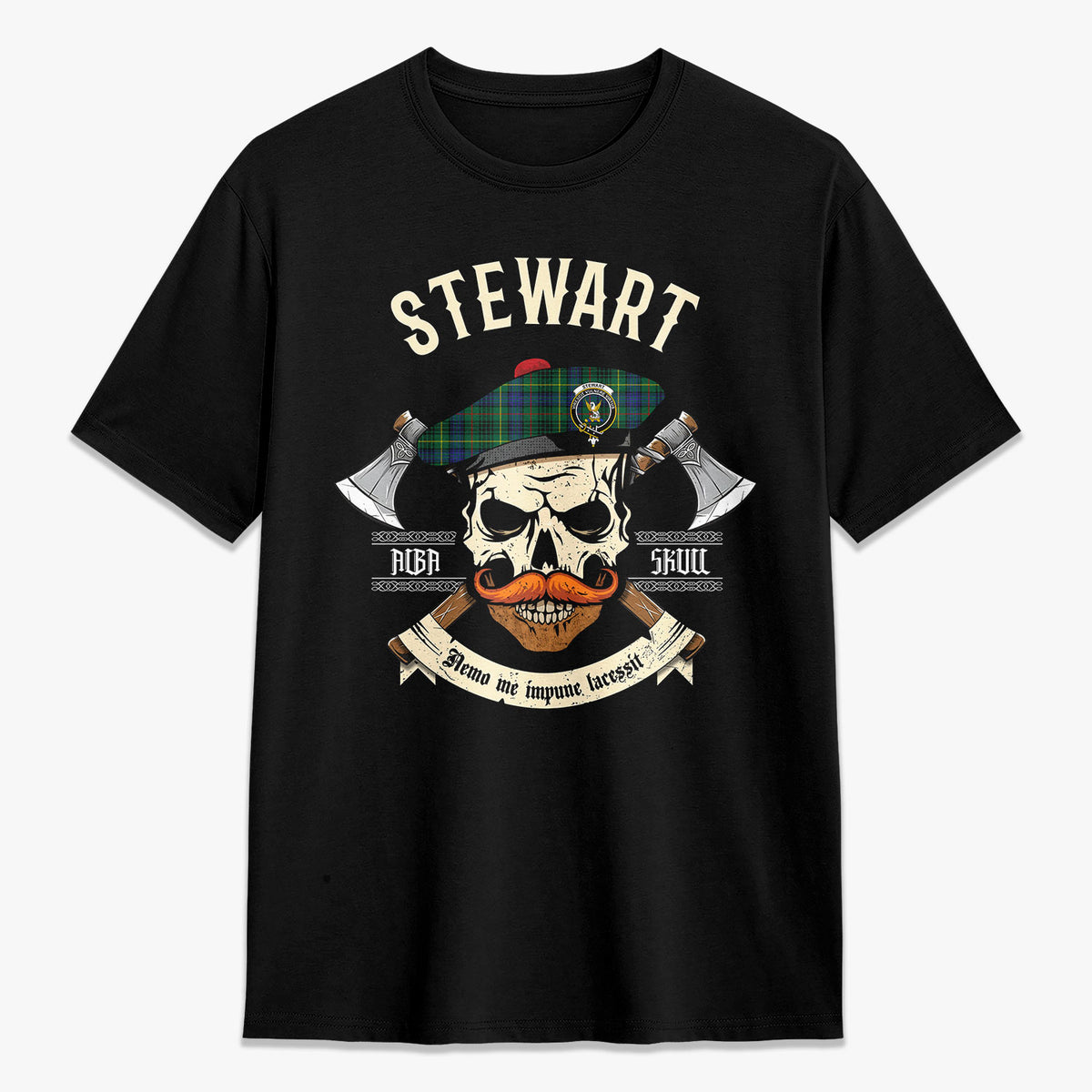 Stewart Hunting Modern Tartan Crest 2D T-shirt - Alba Skull Style