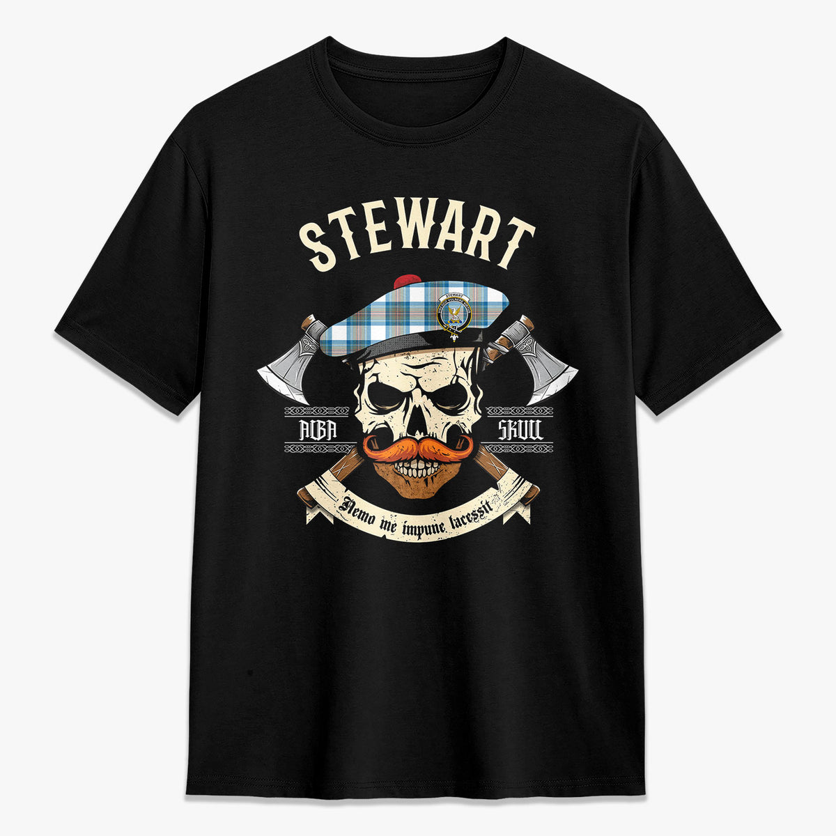 Stewart Muted Blue Tartan Crest 2D T-shirt - Alba Skull Style