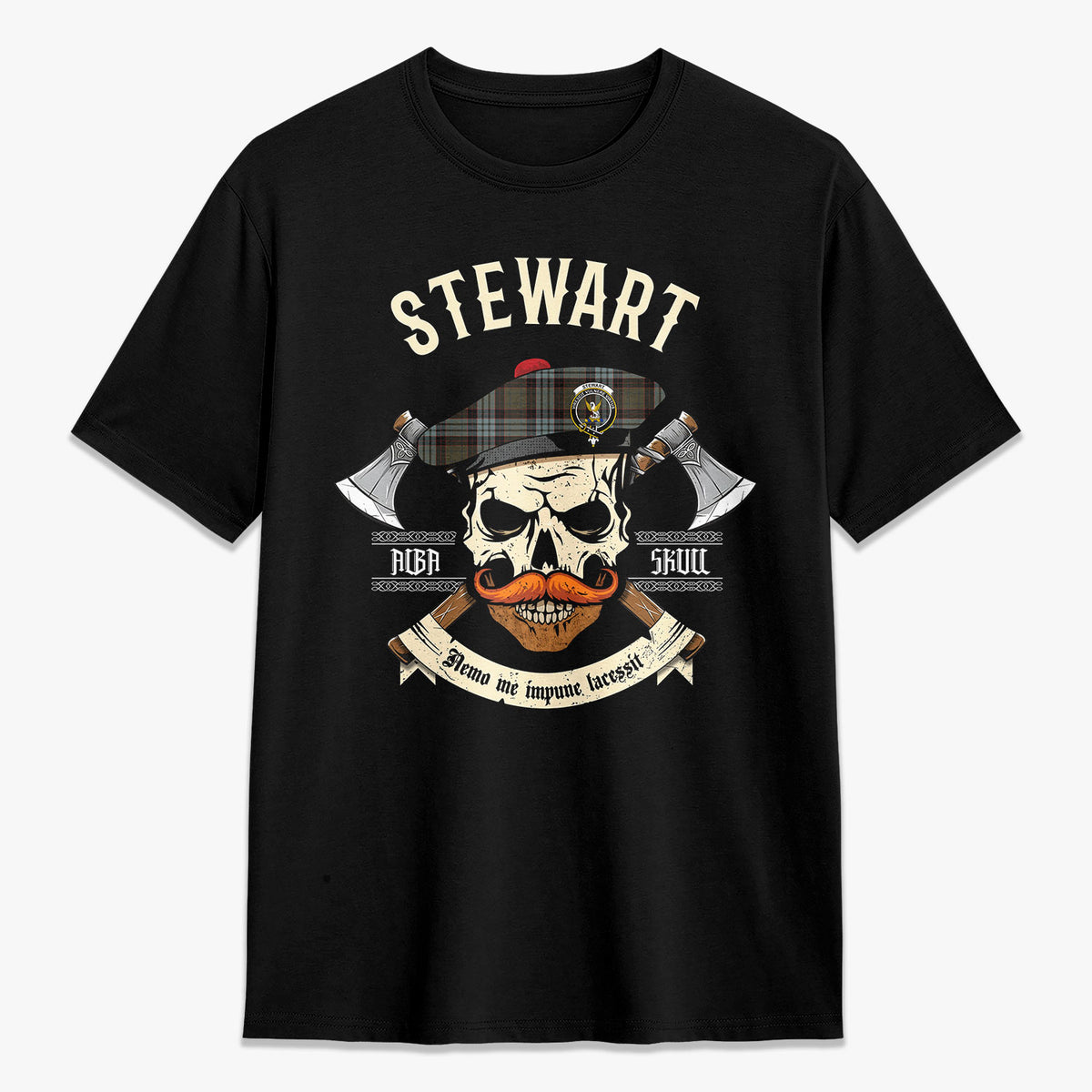 Stewart Old Weathered Tartan Crest 2D T-shirt - Alba Skull Style