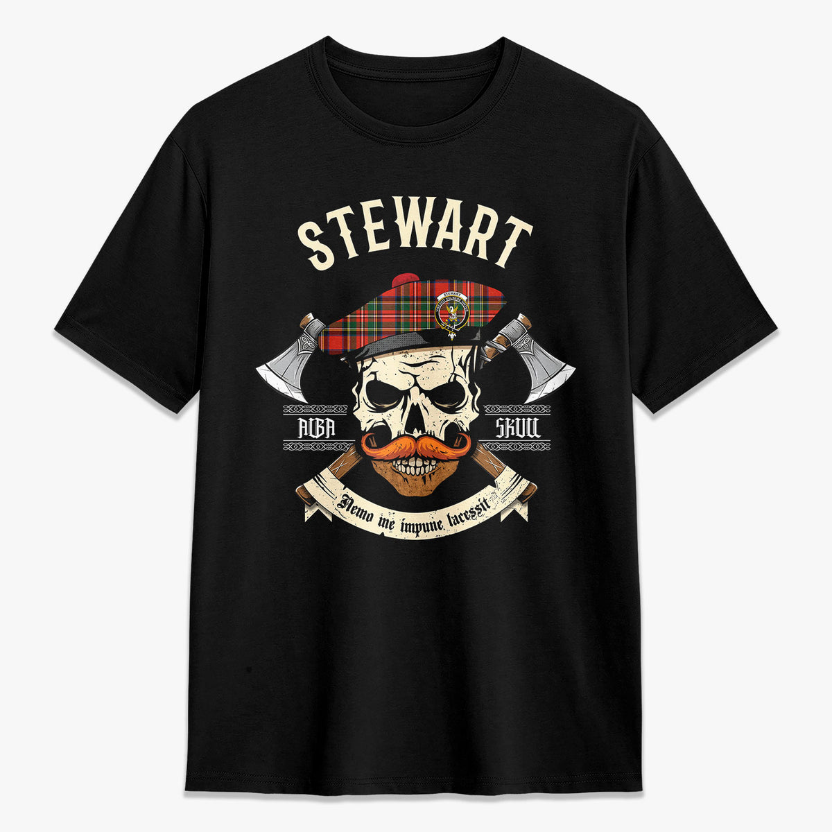 Stewart Royal Modern Tartan Crest 2D T-shirt - Alba Skull Style