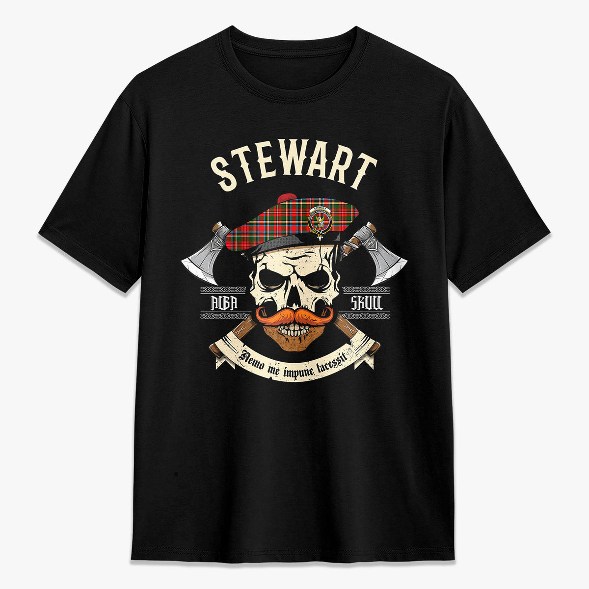 Stewart Royal Tartan Crest 2D T-shirt - Alba Skull Style