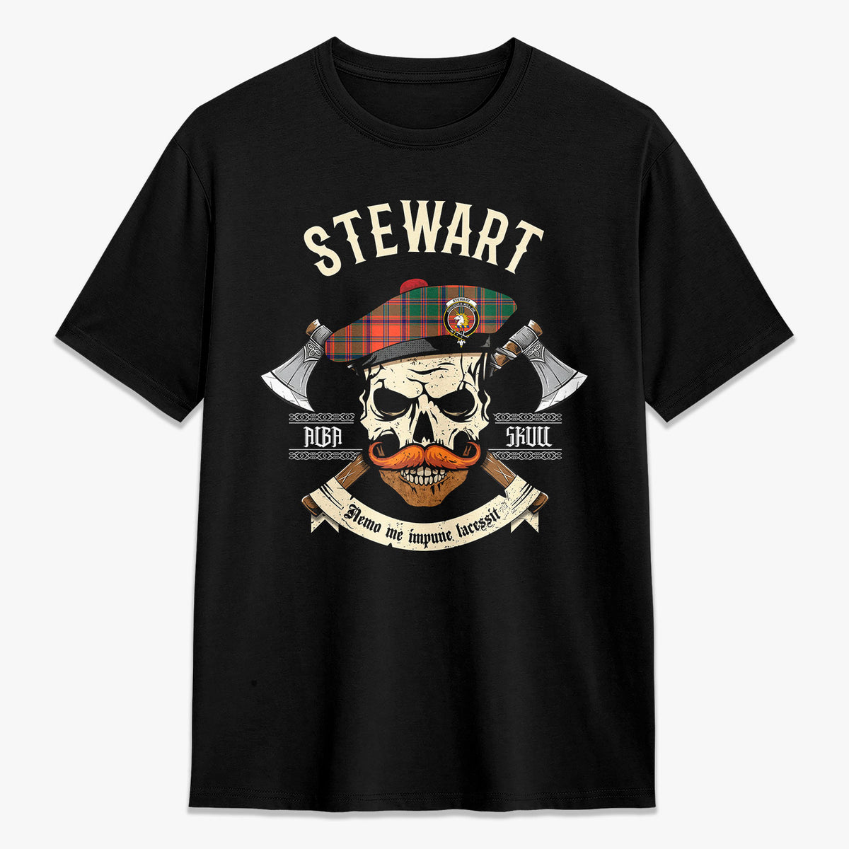 Stewart of Appin Ancient Tartan Crest 2D T-shirt - Alba Skull Style