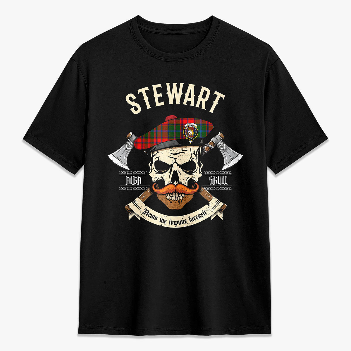 Stewart of Appin Modern Tartan Crest 2D T-shirt - Alba Skull Style