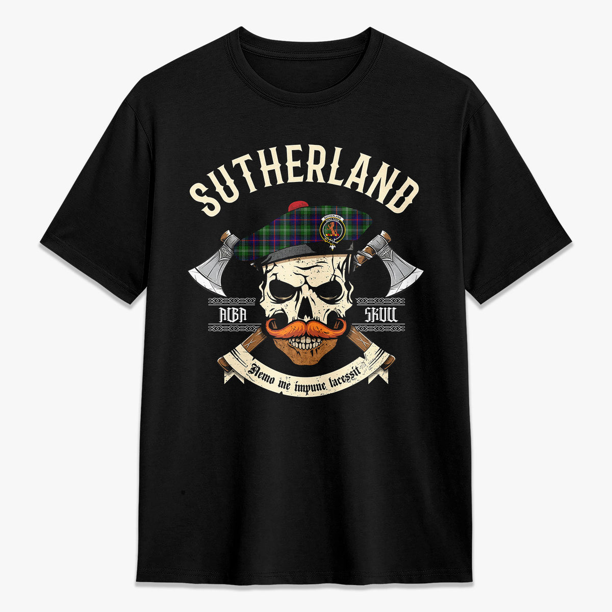 Sutherland Modern Tartan Crest 2D T-shirt - Alba Skull Style