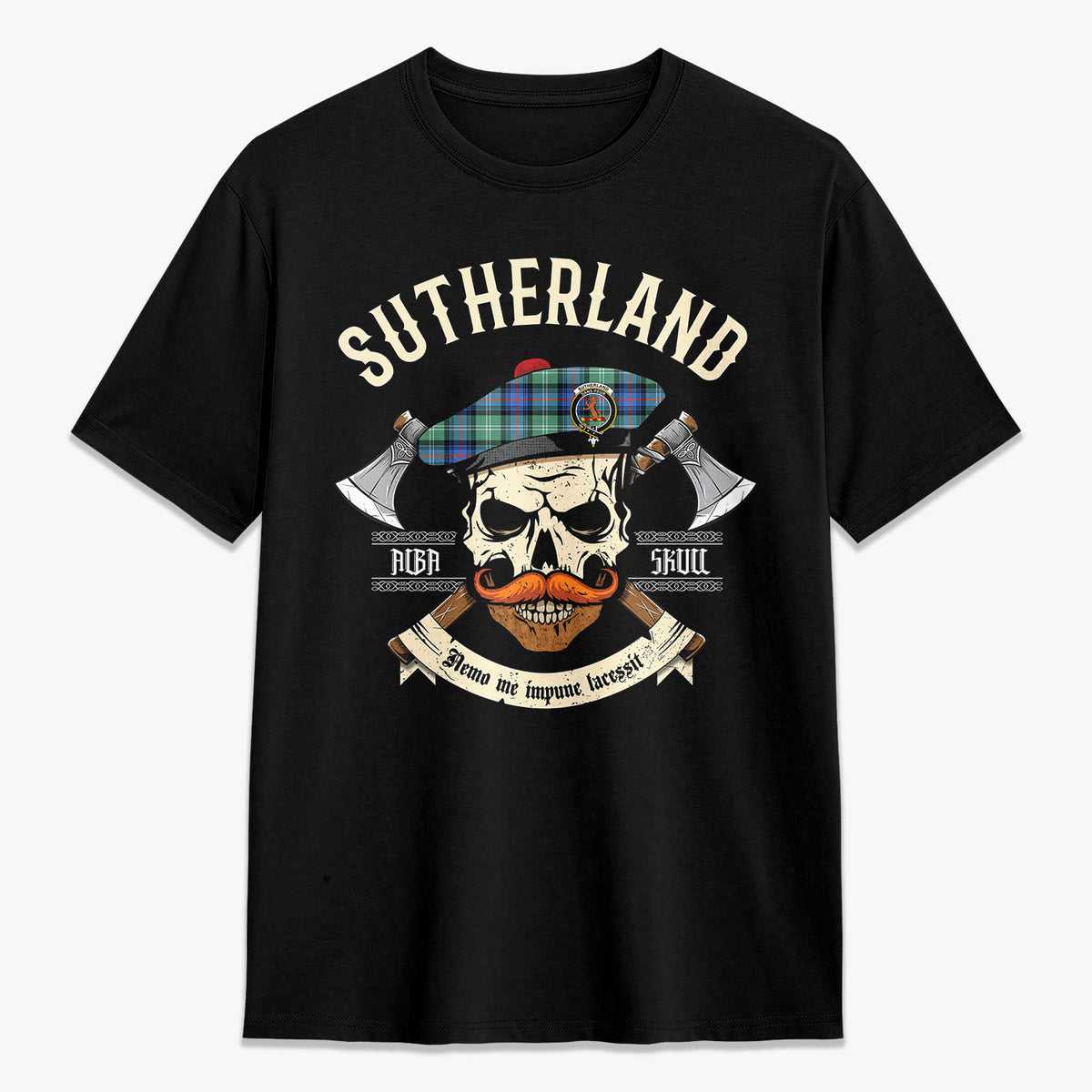 Sutherland Old Ancient Tartan Crest 2D T-shirt - Alba Skull Style