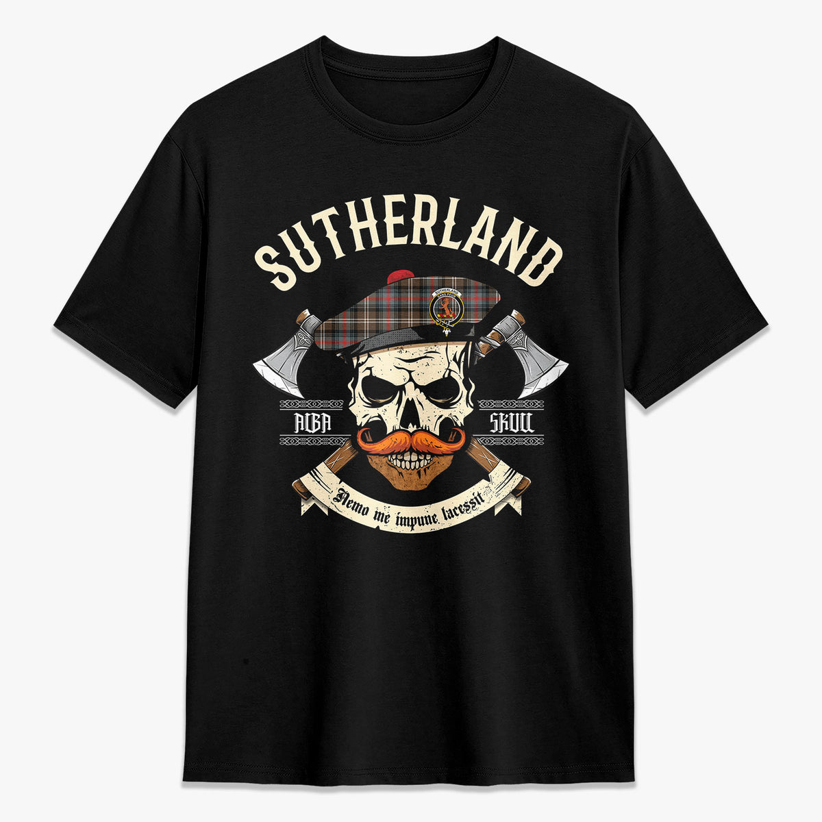 Sutherland Weathered Tartan Crest 2D T-shirt - Alba Skull Style