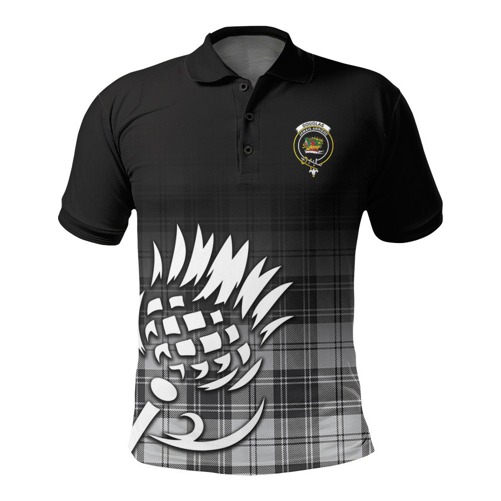 Douglas Grey Modern Tartan Crest Polo Shirt - Thistle Black Style