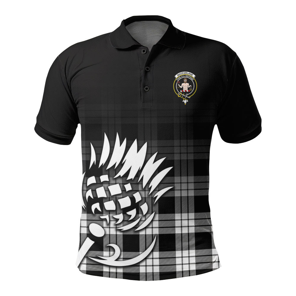 MacFarlane Black _ White Tartan Crest Polo Shirt - Thistle Black Style