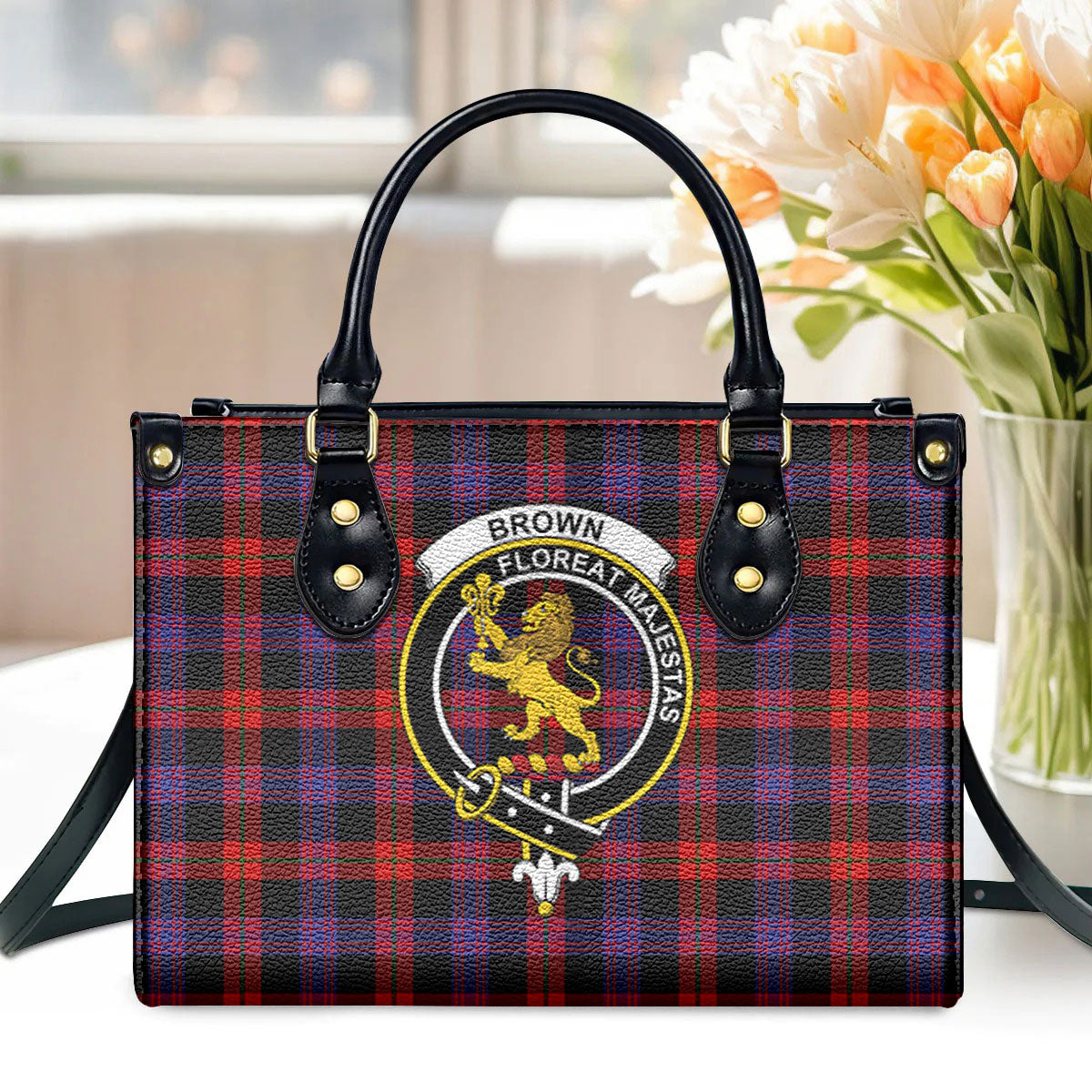 Brown Modern Tartan Crest Leather Handbag