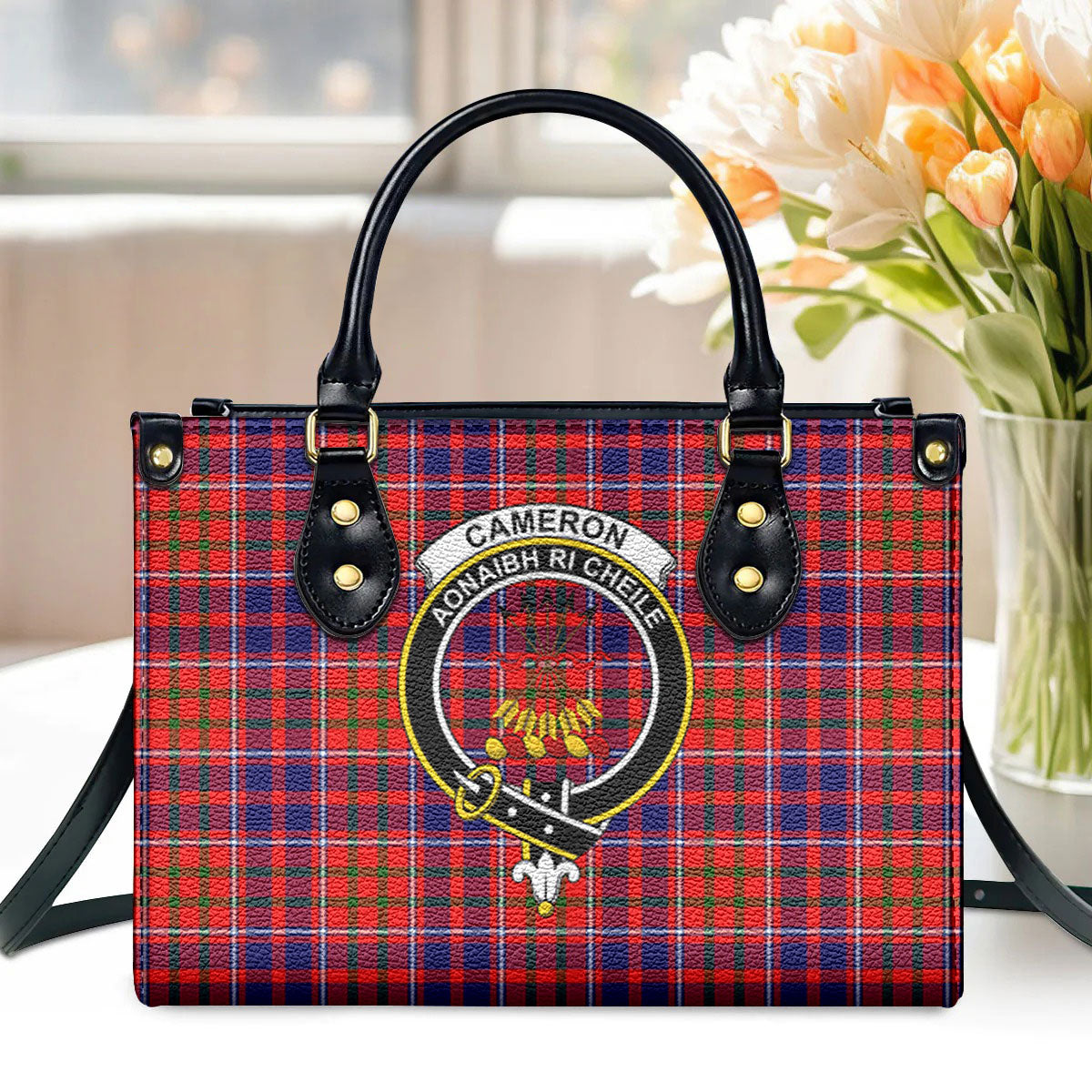 Cameron of Lochiel Modern Tartan Crest Leather Handbag