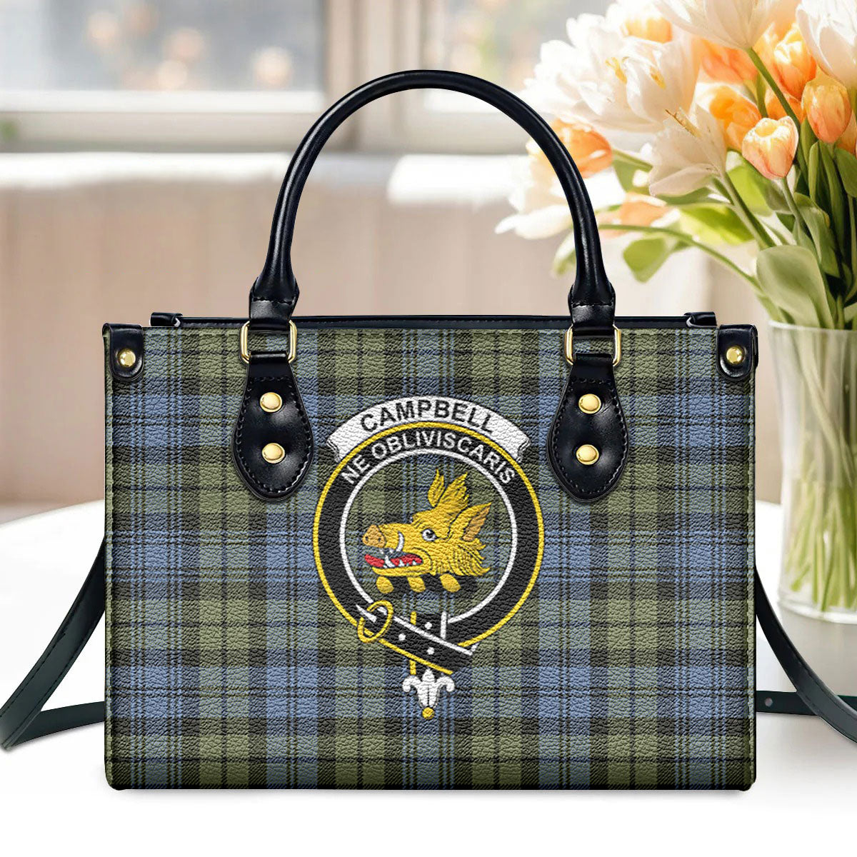 Campbell Faded Tartan Crest Leather Handbag