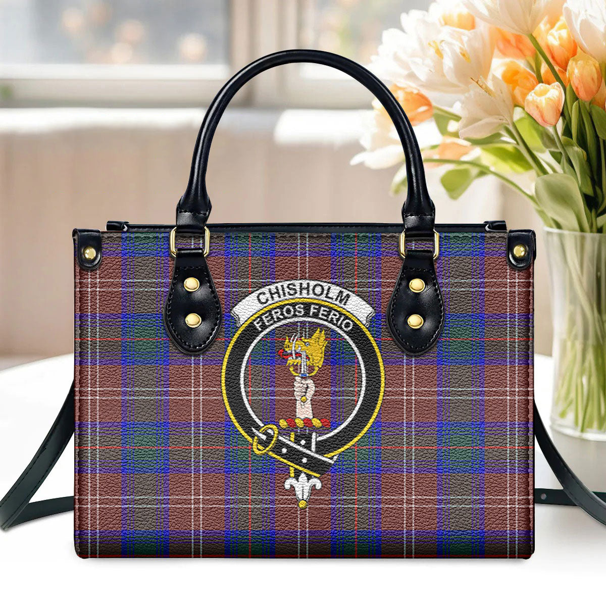 Chisholm Hunting Modern Tartan Crest Leather Handbag