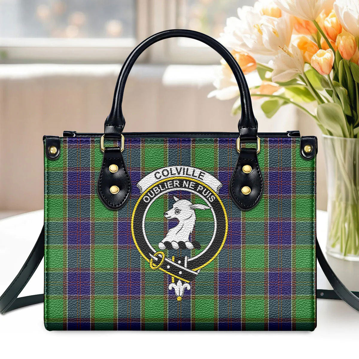 Colville Tartan Crest Leather Handbag