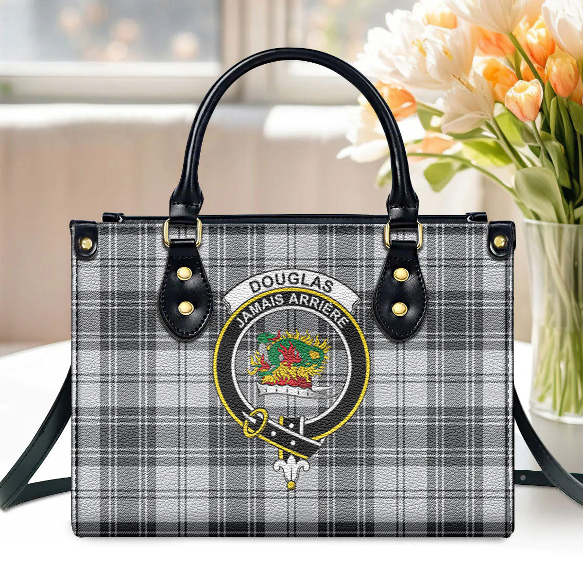 Douglas Grey Modern Tartan Crest Leather Handbag