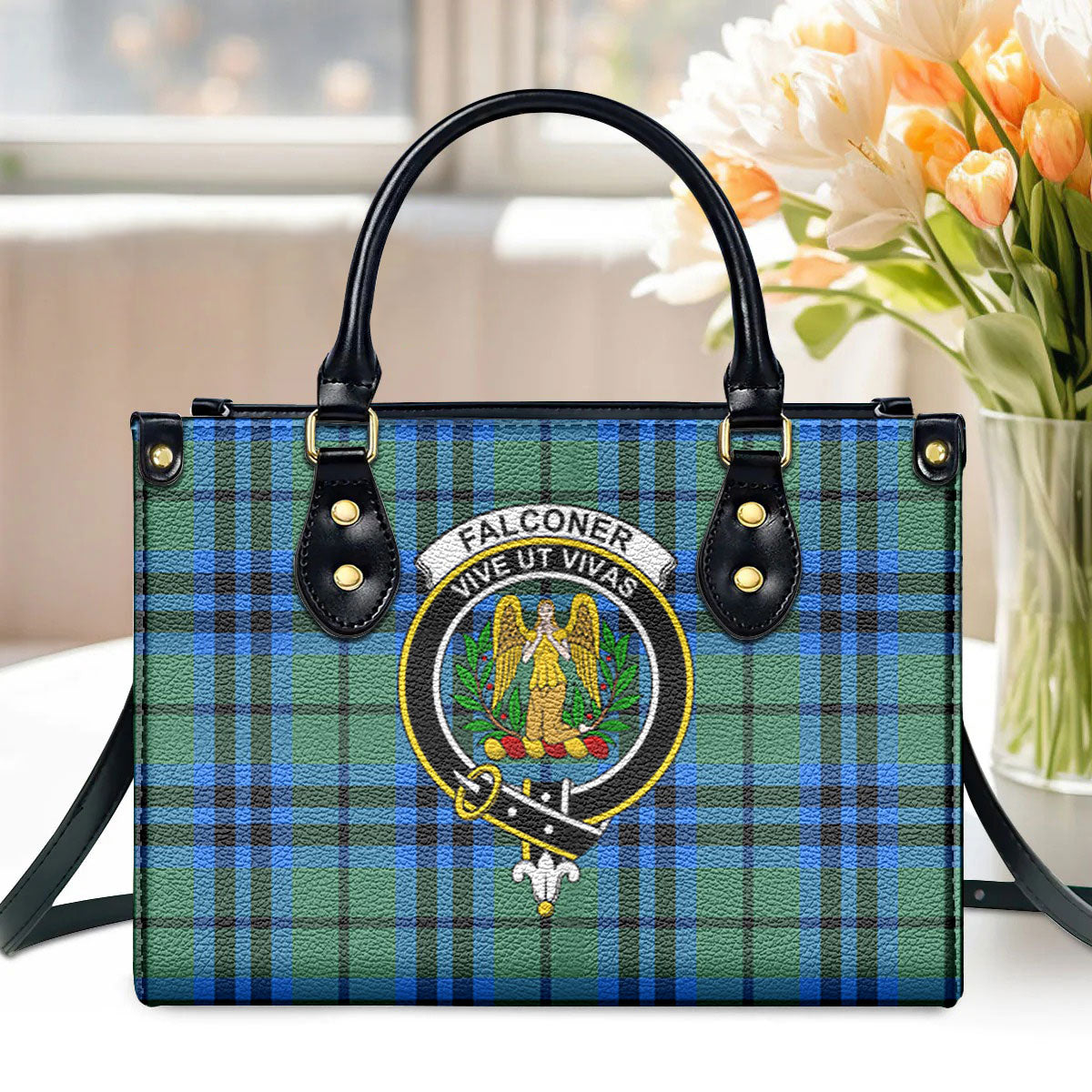 Falconer Tartan Crest Leather Handbag