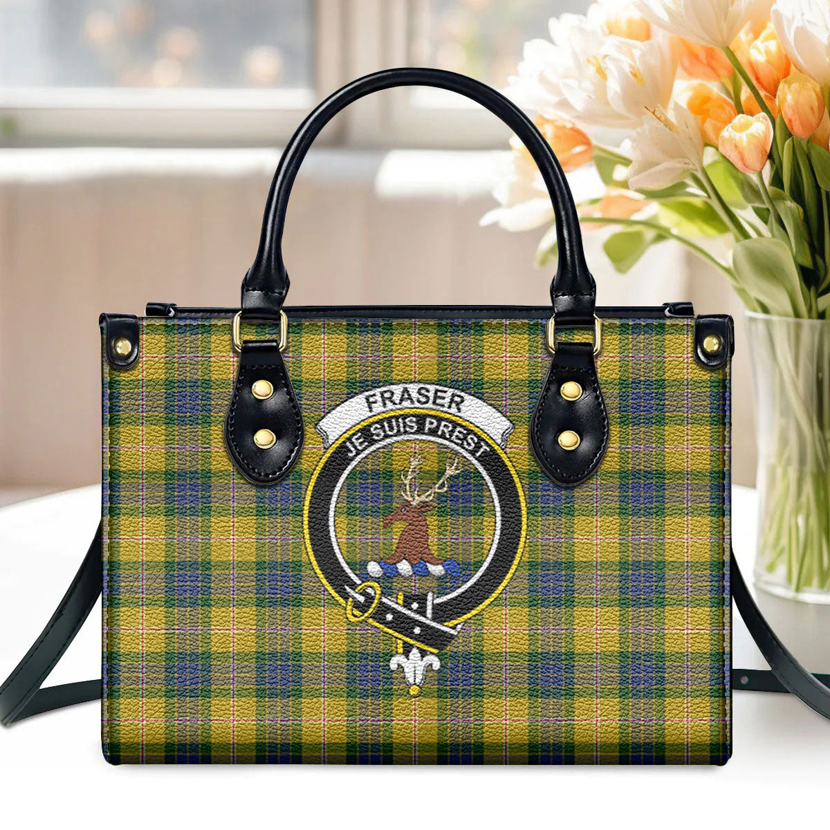 Fraser (of Lovat) Yellow Tartan Crest Leather Handbag