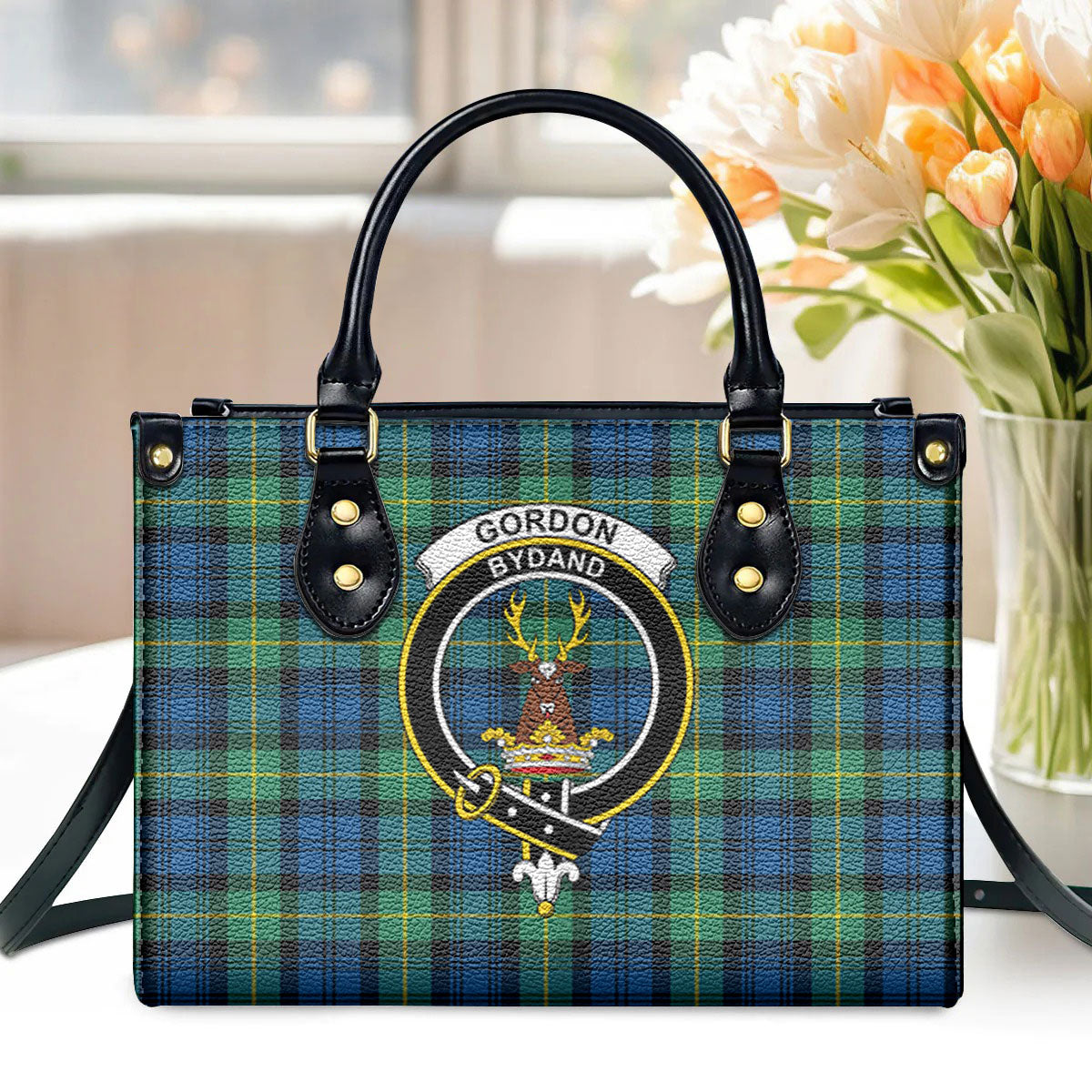 Gordon Ancient Tartan Crest Leather Handbag