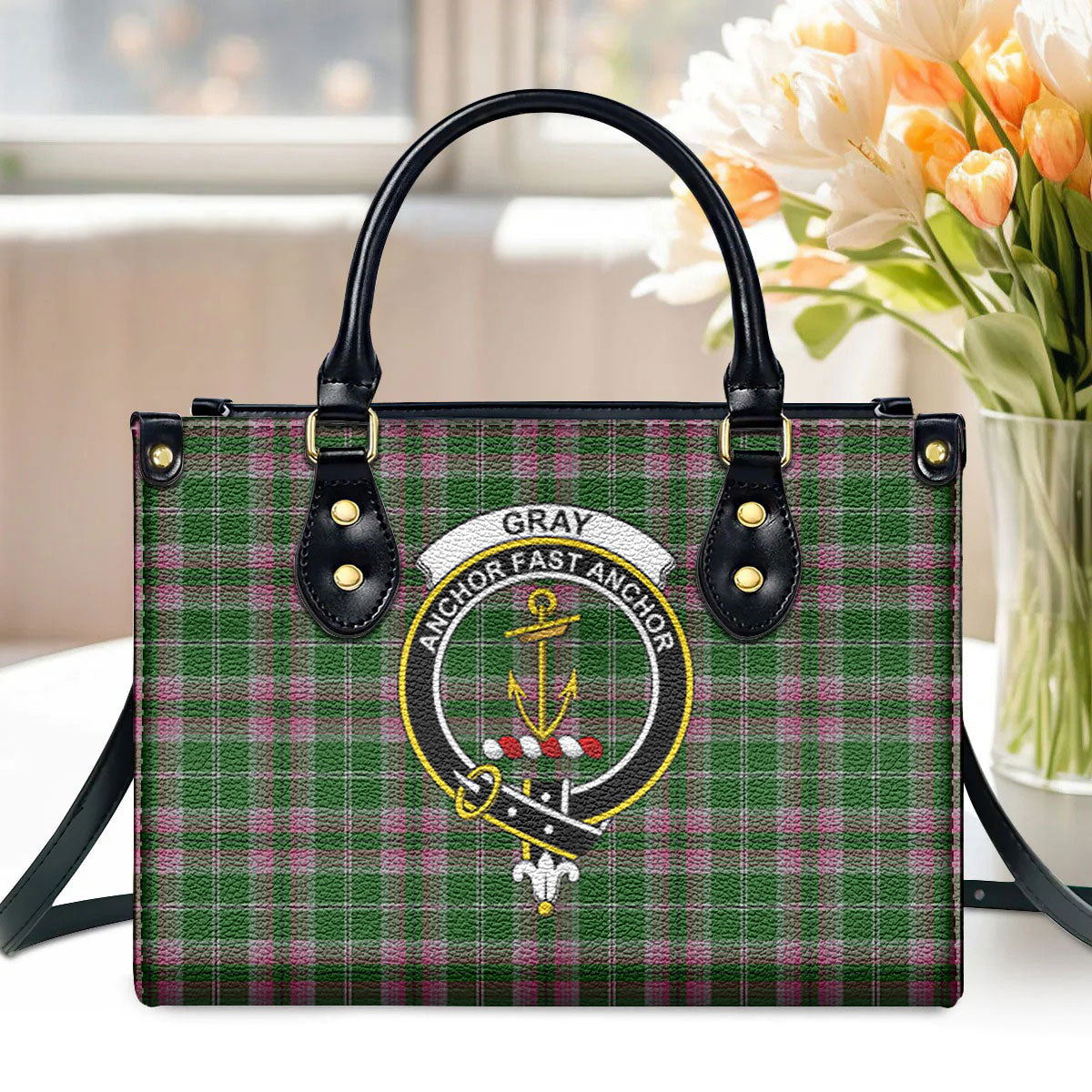 Gray Hunting Tartan Crest Leather Handbag