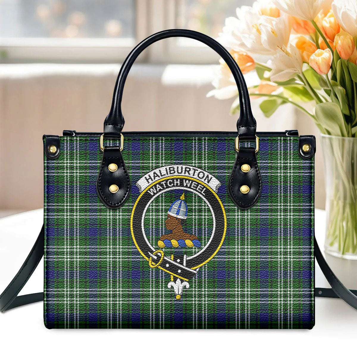 Haliburton Tartan Crest Leather Handbag