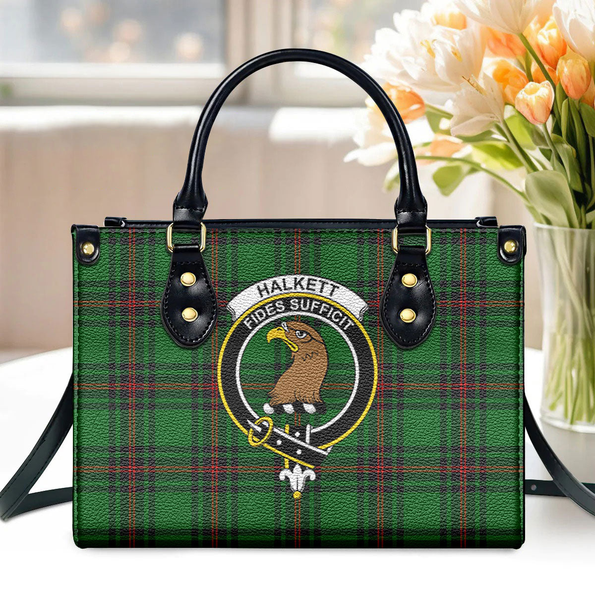 Halkett Tartan Crest Leather Handbag