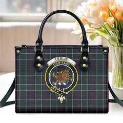 Leslie Hunting Modern Tartan Crest Leather Handbag