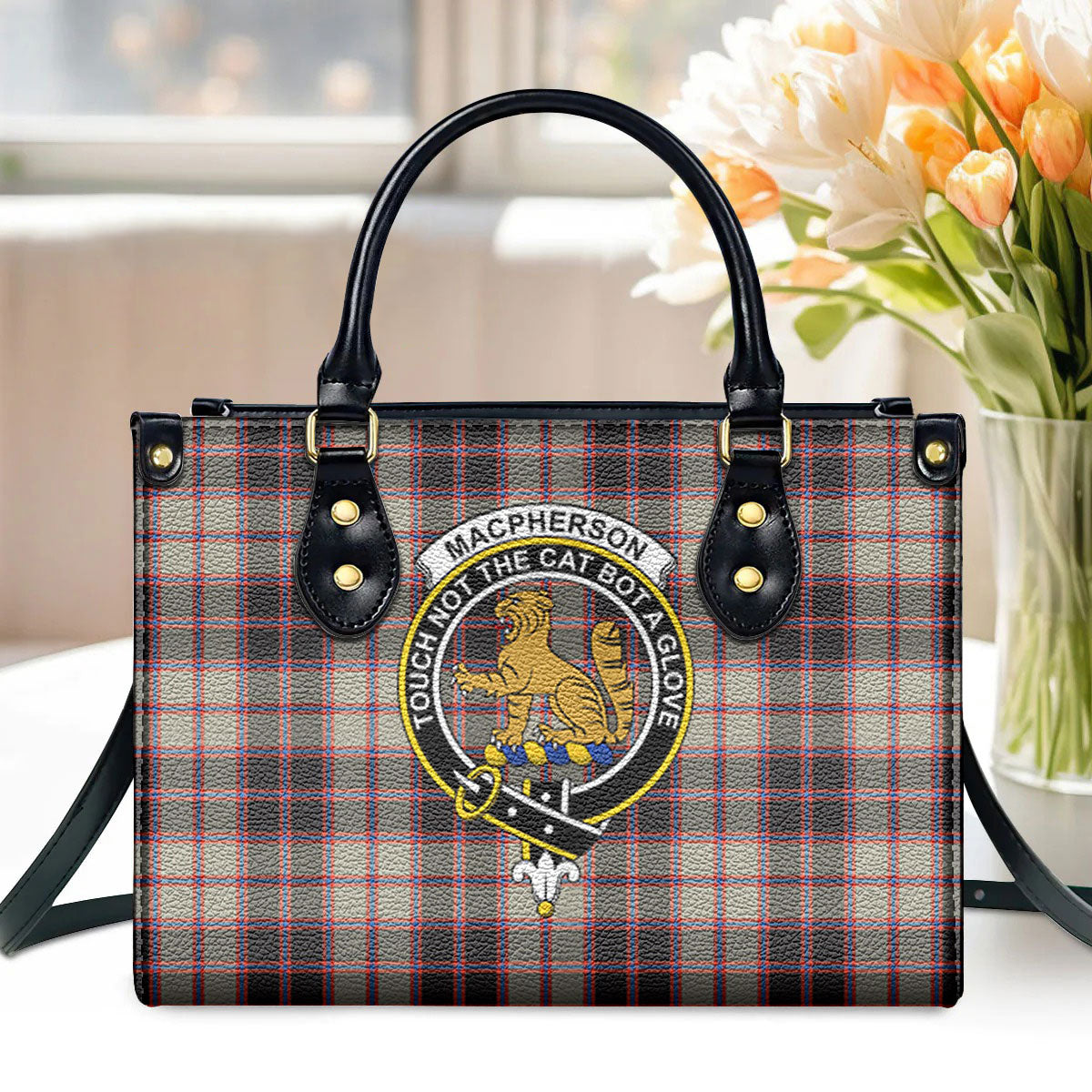 MacPherson Hunting Ancient Tartan Crest Leather Handbag