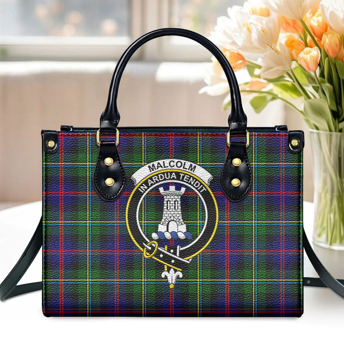 Malcolm (or MacCallum) Tartan Crest Leather Handbag