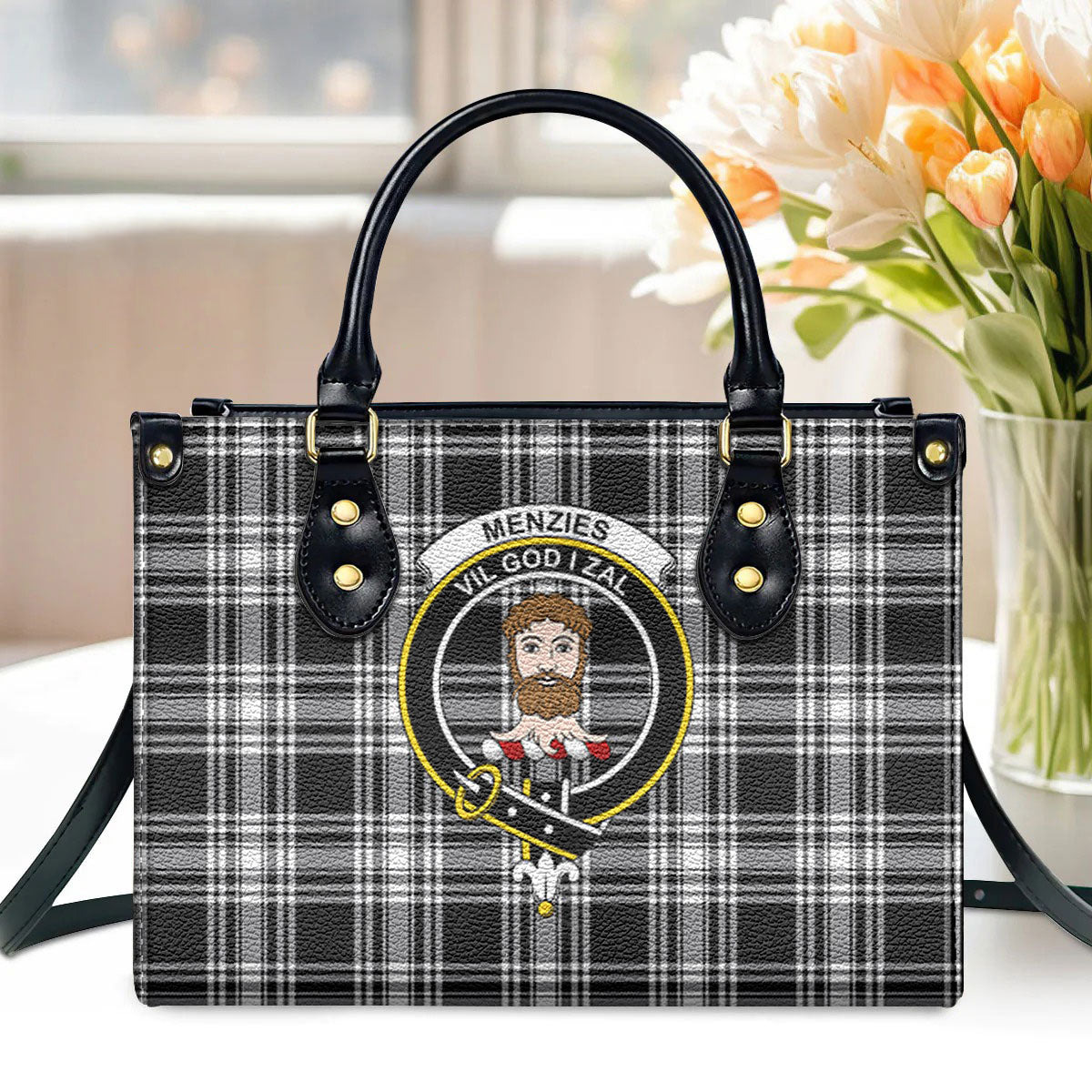 Menzies Black - White Modern Tartan Crest Leather Handbag