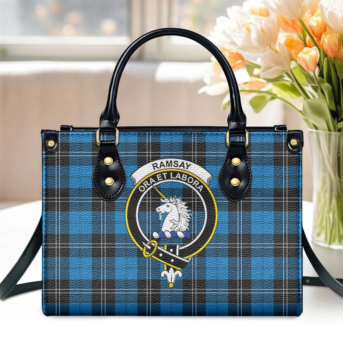 Ramsay Blue Ancient Tartan Crest Leather Handbag