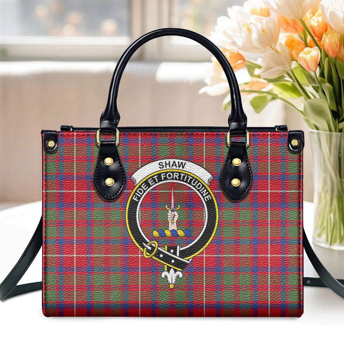 Shaw Red Modern Tartan Crest Leather Handbag