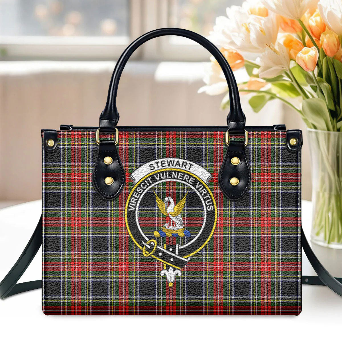 Stewart Black Tartan Crest Leather Handbag