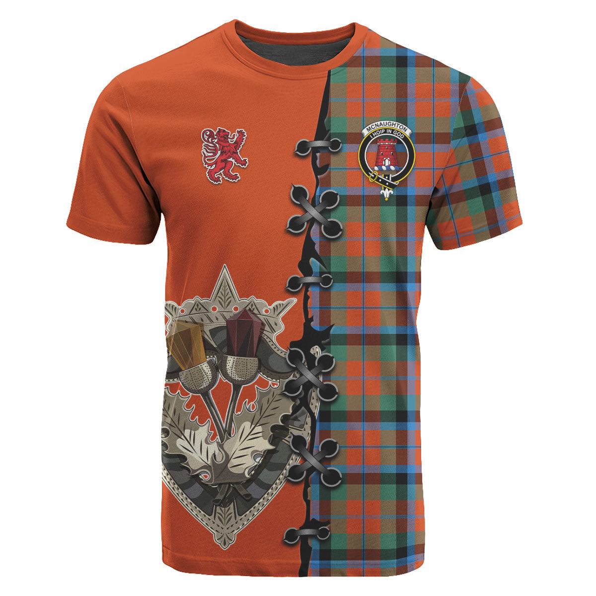 McNaughton Ancient Tartan T-shirt - Lion Rampant And Celtic Thistle Style