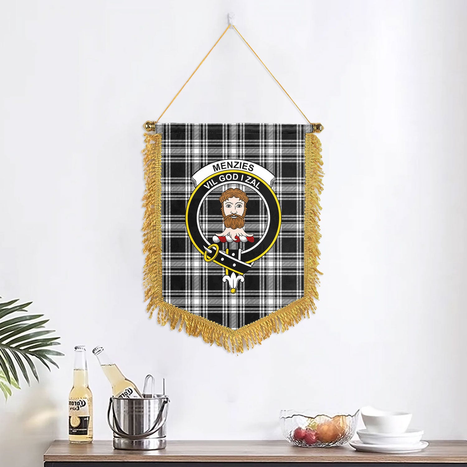 Menzies Black - White Modern Tartan Crest Wall Hanging Banner