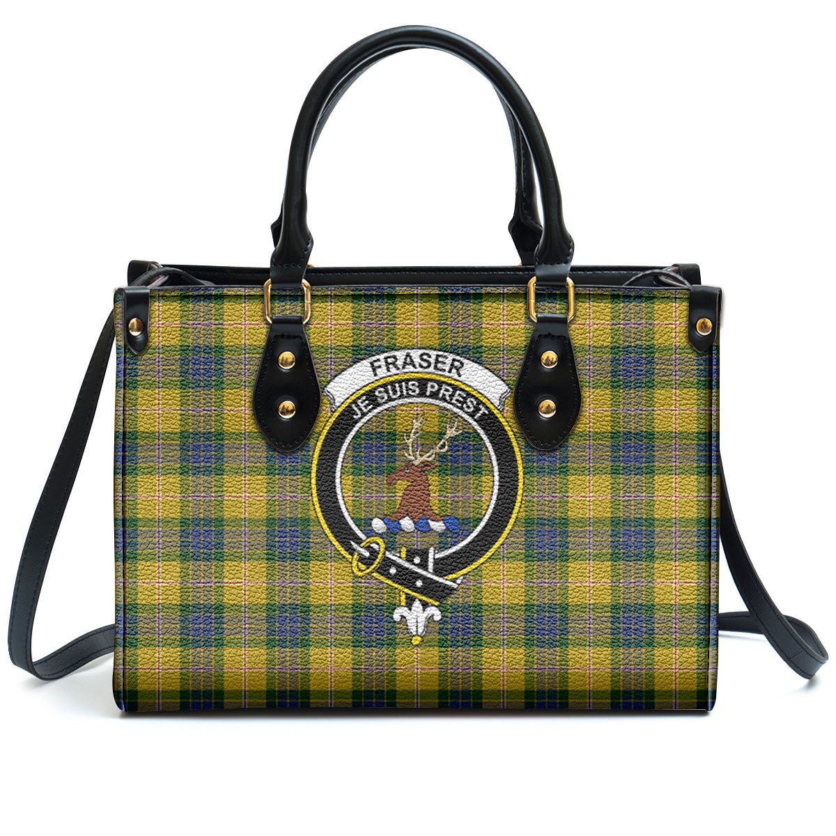 Fraser (of Lovat) Yellow Tartan Crest Leather Handbag