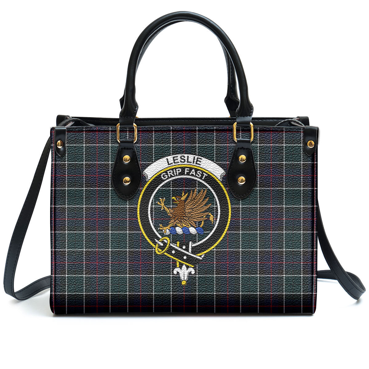 Leslie Hunting Modern Tartan Crest Leather Handbag