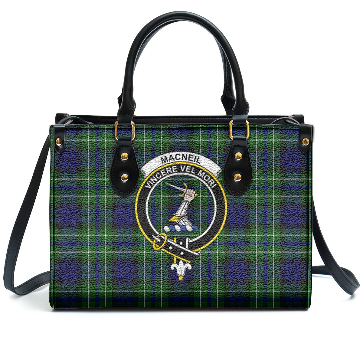 MacNeil of Colonsay Modern Tartan Crest Leather Handbag