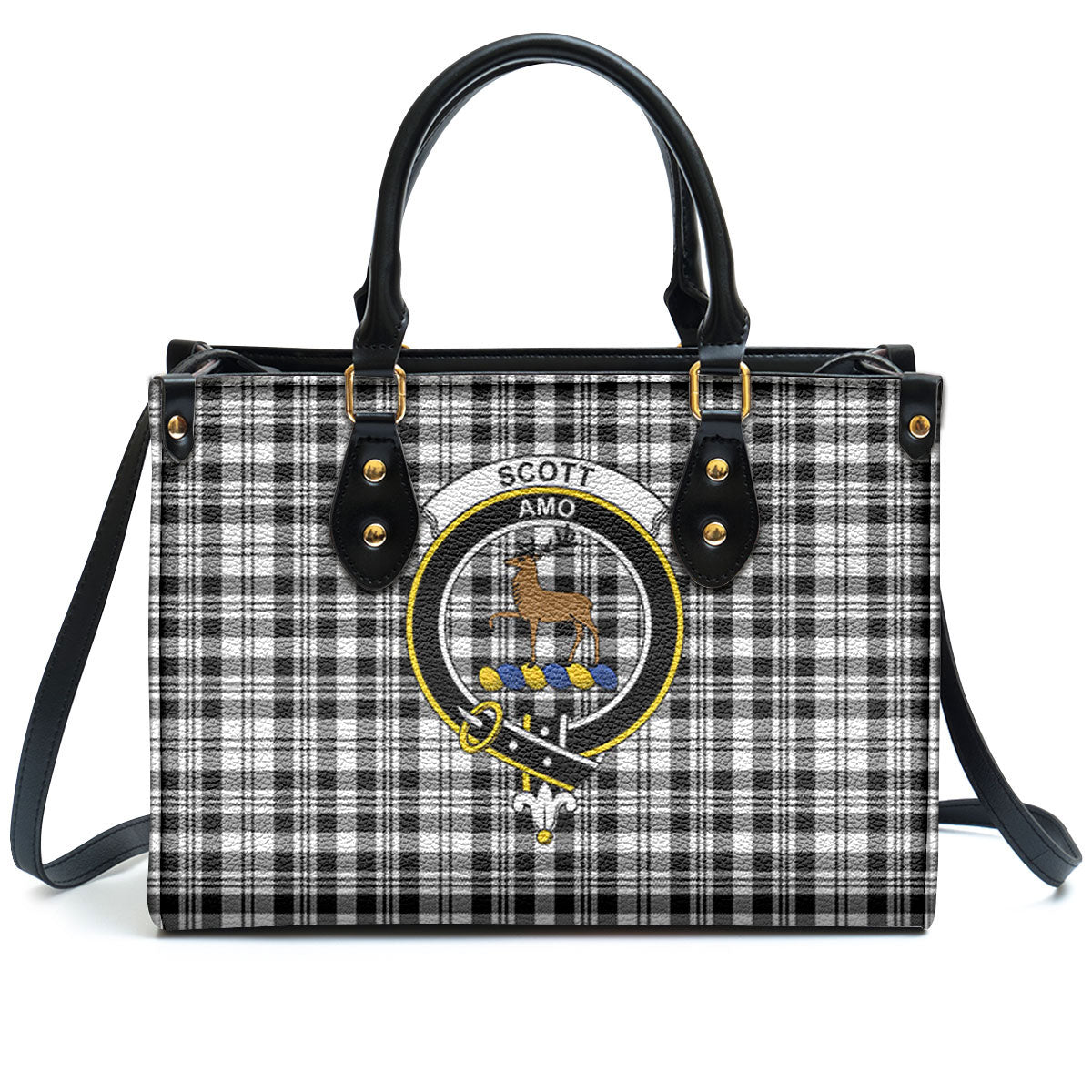 Scott Black & White Modern Tartan Crest Leather Handbag