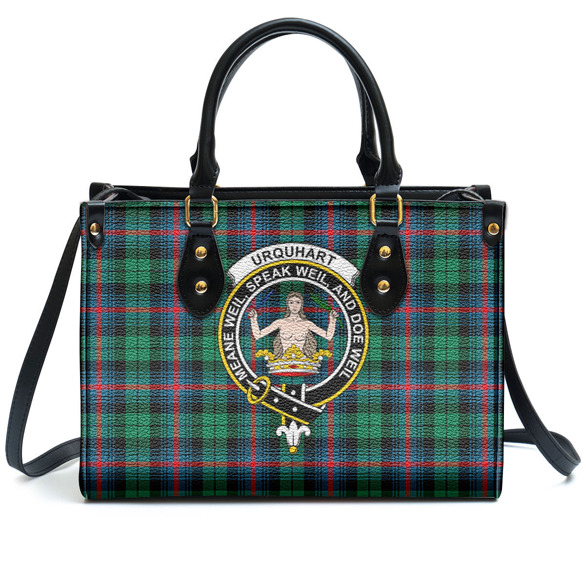 Urquhart Broad Red Ancient Tartan Crest Leather Handbag