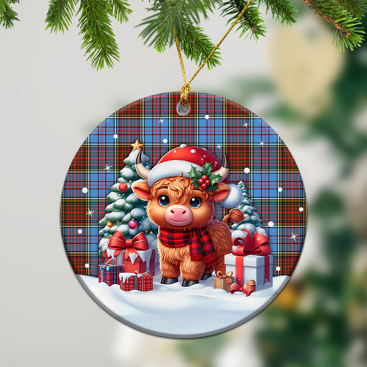 Anderson Modern Tartan Christmas Ceramic Ornament - Highland Cow Winter Style