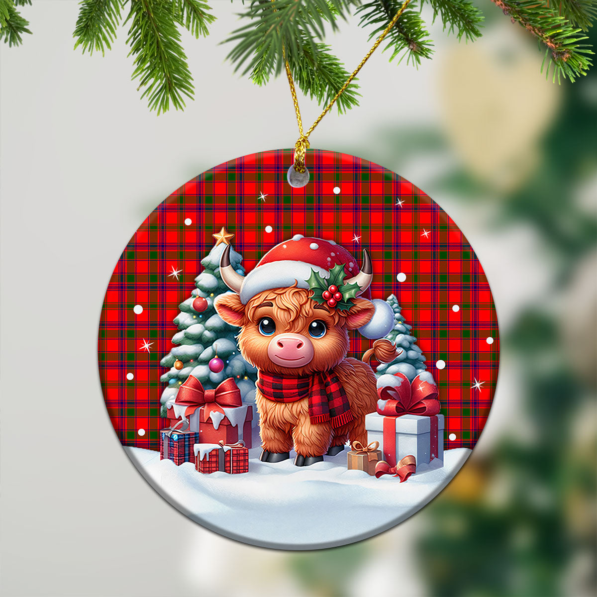 Bain Tartan Christmas Ceramic Ornament - Highland Cow Winter Style