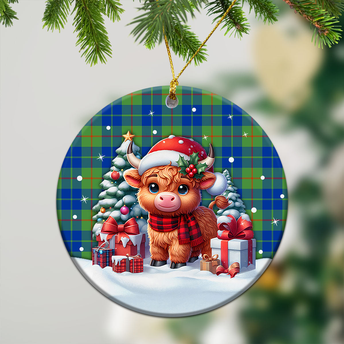 Barclay Hunting Ancient Tartan Christmas Ceramic Ornament - Highland Cow Winter Style