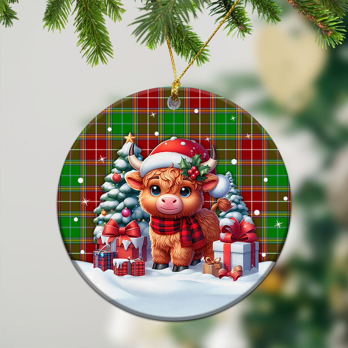 Baxter Modern Tartan Christmas Ceramic Ornament - Highland Cow Winter Style