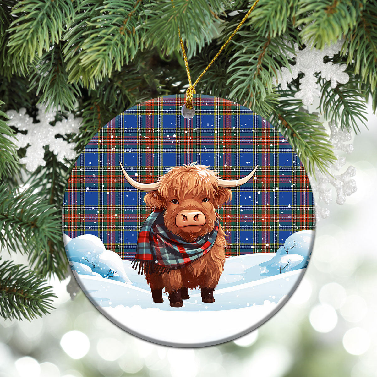 Beaton Ancient Tartan Christmas Ceramic Ornament - Highland Cows Snow Style